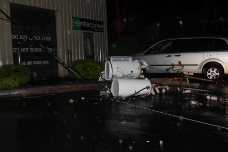 A downed transformer at Gary Matthews Motors.