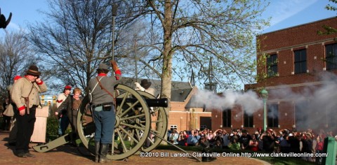 Montgomery County Mayor Carolyn Bowers fires off the canon at the Sesquicentennial kick-off in Montgomery County on April 6th 2010.