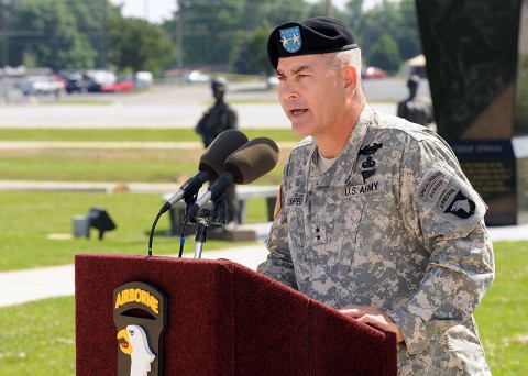 U.S. Army Major General John Campbell the Commanding General of the 101st Airborne Division (Air Assault) "Screaming Eagles" speaks to division personnel during the division casing ceremony outside of McAuliffe Hall at Fort Campbell, KY on 19 May 2010. General Campbell and the division will be deploying to Afghanistan during the next few weeks. This is the fourth time the division has cased their colors and deployed since 9-11. U.S. Army Photo by Sam Shore