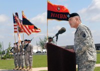 U.S. Army Major General John Campbell the Commanding General of the 101st Airborne Division (Air Assault) "Screaming Eagles" speaks to division personnel during the division casing ceremony outside of McAuliffe Hall at Fort Campbell, KY on 19 May 2010.  General Campbell and the division will be deploying to Afghanistan during the next few weeks. This is the fourth time the division has cased their colors and deployed since 9-11.  U.S. Army Photo by Sam Shore