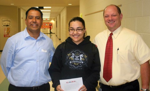 Pastor Tommy Vallejos (H.O.P.E.Director), Kenwood High School Student Katie Segura, Kenwood High School Principal Hal Bedell 