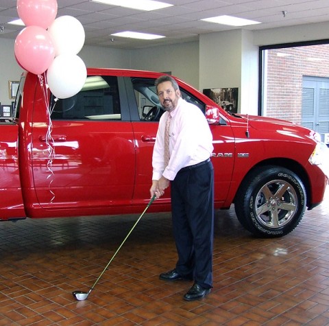 David “Elvis” Feltman tees up in preparation for the 16th annual Gary Mathews Motors Golf Scramble, “Scramble FORE a Cure”, Sept. 26th at Swan Lake Golf Course.  This year’s beneficiary of the proceeds will be Breast Cancer Awareness.