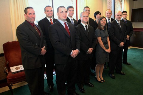 New officers-Back Row-L-R-John Burdge, Matthew Ferrell, Christopher Robinson, Ryan Steinlage, Christy Arwood, Todd Bell, James Atkins. Front row-L-R-Avery Lambert, Kyle Fleming, Brittany Boisseau, Morgan Northrup. (Photo by Jim Knoll-CPD PIO)