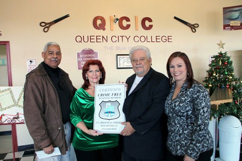 Left to Right – Officer Booker Dailey, Laura Payne-Queen City College Chief Administrator, Ralph Payne – Owner, and Brandie King-Queen City College Director.