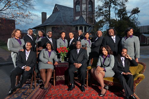 Annual portrait of the Fisk Jubilee Singers with Paul Kwame, director, in front of the Fisk Chapel.