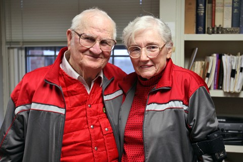 Mildred Frensley stands with her husband John in the office of Dr. Bert Randall, professor of philosophy at Austin Peay State University. She has audited almost every philosophy course in the APSU Department of History and Philosophy, and professors in the department recently awarded her an honorary Doctor of Metaphysics. (Photo by Melony Shemberger, APSU Public Relations and Marketing)