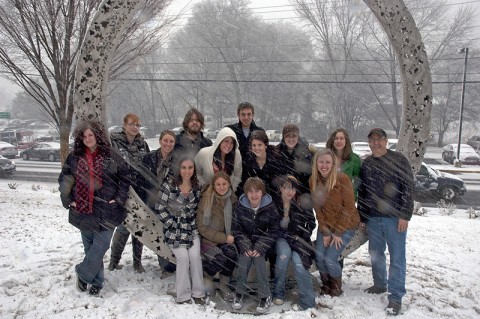 APSU art students will present several art shows and exhibits this spring on campus. (front row, from left) Jessica Rodriguez, Meagan Wirrick, Wendy Wainwright, Justin Hooper, Kelsey Masters, Hannah Jennings, Art Professor Gregg Schlanger, (back from left) Jessica Griffin, Melissa Cox, Michael Kline, Renee Perry, Eric Watson, Casslyn Moore, Megan Melton and Kristina Juodenas-Tickle. Students Renye Zhang and John Mathis are not pictured. (Photo By Charles Booth/APSU Public Relations and Marketing)