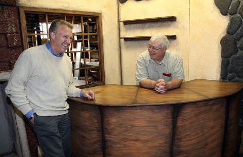 Retired Austin Peay State University professors George Mabry and Richard Gildrie joke around on the tavern set of their new musical “Ben and the Virtues.” (Photo By Charles Booth/APSU Public Relations and Marketing)