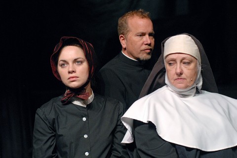 (L to R) Kendall Anne Thompson, Tom Thayer, and Leslie Greene, the cast of DOUBT at the Roxy Regional Theatre in Clarksville, TN. (Photo by Gili Getz)