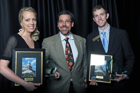 Seniors Kenneth Kennedy (left), of Clarksville, and Paige Rasmussen, of McKenzie, were named Mister and Madam Governor. The Mister Governor and Madam Governor Awards, presented by APSU Provost Dr. Tristan Denley, honor graduating students who have contributed to the University community through leadership, diversity and service and have participated in leadership roles on campus while maintaining high academic standards. (Photo provided by APSU Student Affairs) Seniors Kenneth Kennedy (left), of Clarksville, and Paige Rasmussen, of McKenzie, were named Mister and Madam Governor. The Mister Governor and Madam Governor Awards, presented by APSU Provost Dr. Tristan Denley, honor graduating students who have contributed to the University community through leadership, diversity and service and have participated in leadership roles on campus while maintaining high academic standards. (Photo provided by APSU Student Affairs)