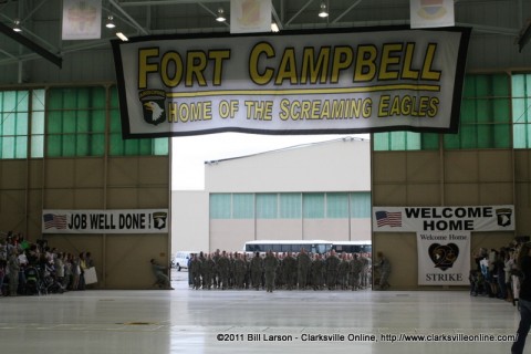 The Soldiers marching in at the beginning of the Welcome Home Ceremony at Fort Campbell Army Airfield
