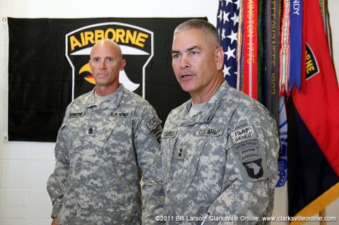 (Left to Right) Scott C. Schroeder, Command Sergeant Major, USA	, Division Commander Sergeant Major and John F. Campbell, Major General, US Army, Commanding.