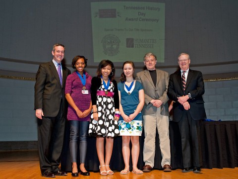 Tennessee Secretary of State Tre Hargett, Brianna Tyre, Lauryn Jennings, Ariana Nelson, Robert Cheatham, executive director of Humanities Tennessee and Charlie Cook, president of the Tennessee Historical Society. 