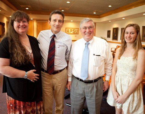 APSU student Darlene Hart (from left), Giovanni Grossi with Florim USA, APSU President Tim Hall and APSU student Ashley Paul are shown at a recent scholarship presentation at APSU. (Photo by Beth Liggett | APSU Public Relations and Marketing)