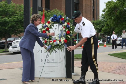Clarksville Mayor Kim McMillan and Brig. Gen. Jeffery N. Colt, Deputy Commanding General of the 101st Airborne Division place a wreath at the Eternal Flame as part of the Warrior Week observances.