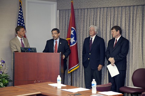 Gov. Bill Haslam (from left), APSU Provost Dr. Tristan Denley, Dr. Richard Rhoda, executive director of Tennessee Higher Education Commission, and Stan Jones, president of Complete College America, announce Tennessee as the recipient of a $1 million Complete Innovation Challenge grant July 25th in Nashville. (Photo by Bill Persinger, APSU Public Relations and Marketing)