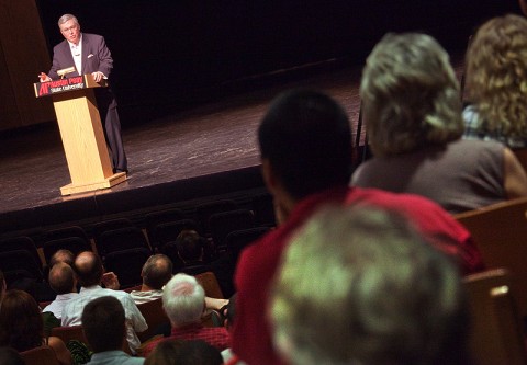 President Tim Hall speaking to faculty and staff during the annual convocation Wednesday, August 24th in the Music/Mass Communication Building Concert Hall.