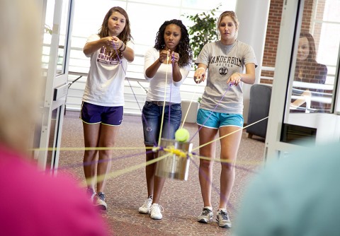 High school students in the 2011-12 Youth Leadership Clarksville program participate in a team-building exercise during their opening retreat August 2nd at Austin Peay State University. (Photo by Beth Liggett, APSU photographer)