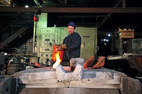 As part of reproducing a section of the Civil War submarine H.L. Hunley’s conning tower, Larry Hale of Clarksville Foundry melts iron for a casting that was used in the National Geographic Channel’s special “Secret Weapon of the Confederacy,” which premiers Thursday, September 15th.