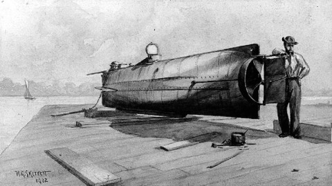 Drawing of the H. L. Hunley. Based on a Photograph taken in 1863 by George S. Cook.