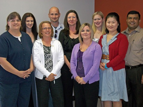 MMTC Summer 2011 Respiratory Therapy class graduates at their pinning ceremony. (l-r) Shanna Bruns, Lauren Young (graduating in the spring), Sonya Cates, Thaddeus Murray, Program Director Laura Miller, Jennifer Roberts, Courtney Perdue, Seon Balistrere, and Ranji Thomas. Congratulations!  (Photo by Lois Jones)