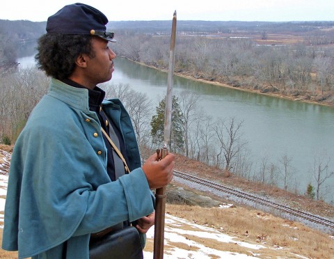 Actor Keith McCoy portrays a member of the US Colored Troops in this scene from “Crossroads of Change, Clarksville, Tennessee 1861-1865.” The video was researched, written and filmed in Montgomery County and is based on local journals and diaries of the Civil War era.