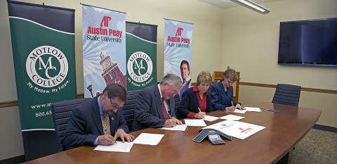 APSU Provost Dr. Tristan Denley (from left), APSU President Tim Hall, Motlow State President Dr. MaryLou Apple and Motlow State Provost Dr. Bonny Copenhaver sign the Austin Peay Guarantee on October 17th at Motlow State’s campus in Tullahoma. (Photo by Melony Shemberger, APSU Public Relations and Marketing)