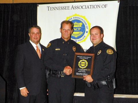 (Left to right) Bradley Lindsey, Tennessee Association of Chiefs of Police Award Committee Chairman, Chief Al Ansley, and Officer Beau Skinner. (Left to right) Bradley Lindsey, Tennessee Association of Chiefs of Police Award Committee Chairman, Chief Al Ansley, and Officer Beau Skinner.