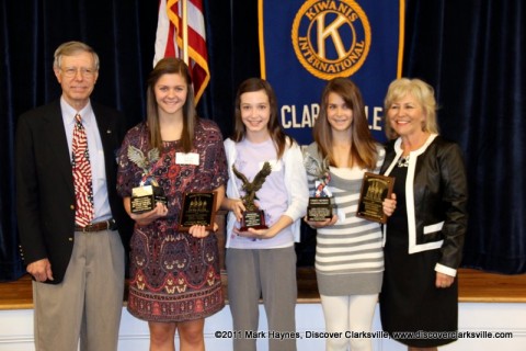 "Interview A Veteran" Essay Contest. (L to R) Ron Smithfield, Autumn Brown, High School Division winner and Most Inspiring; Skyler Johnson, Most Heroic; Grace Hinson, Middle School Division winner; and Debbie McGaha Bratton, Essay Director.