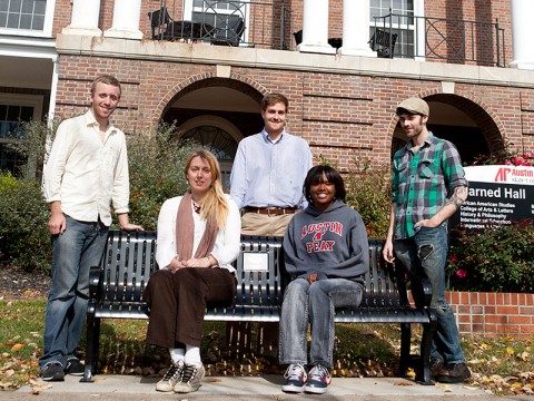 (Front row) Laura McClister, Raven Jackson, (back row) Chase Davenport, Charles Booth and Ryan Boyd will all read during the November 22nd Bread and Words Benefit at APSU. (Photo by Rian Barger/APSU Public Relations and Marketing)