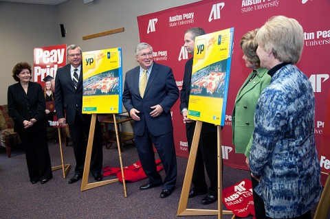 Those on hand to unveil the new AT&T directory cover Nov. 16th at APSU were Katherine Sager, AT&T Legislative and External Affairs; state Rep. Curtis Johnson; APSU President Tim Hall; state Rep. Joe Pitts; Montgomery County Mayor Carolyn Bowers; and Lanie Johnson, AT&T Regional director of external affairs. (Photo by Beth Liggett, University photographer)