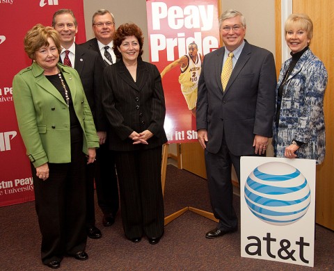 Launch of the PEG channel in Clarksville Tennessee. (Pictured from left to right: Montgomery County Mayor Carolyn Bowers; State Rep. Joe Pitts; State Rep. Curtis Johnson; Kathy Sager, AT&T; Timothy Hall, President Austin Peay State University; and Lanie Johnson, AT&T.)