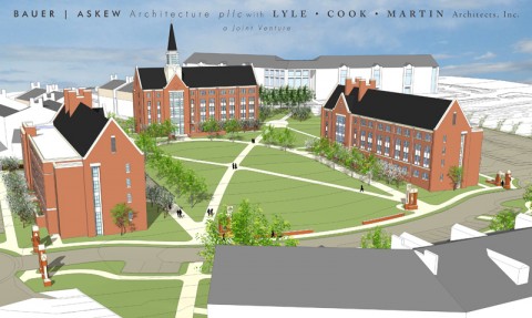 A drawing of Phase II construction of three new residence halls and Austin Peay's first residential mall.