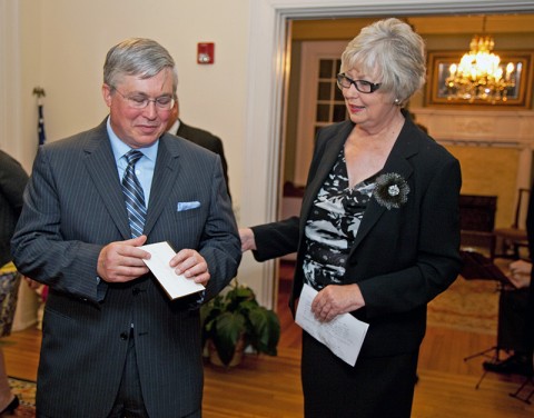 APSU President Tim Hall accepts a contribution on behalf of APSU from Dr. Carmen Reagan toward the new Reagan Giving Circle on November 8th at the Pace Alumni Center. (Photo by Beth Liggett, APSU photographer)
