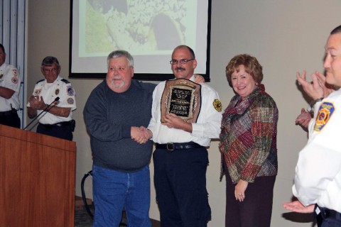 Steve Jones, Director of Emergency Management, Jeff Davidson, Overall 2011 Firefighter of the Year and Montgomery County Mayor Carolyn Bowers.