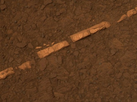 'Homestake' Vein in Color - This color view of a mineral vein called "Homestake" comes from the panoramic camera (Pancam) on NASA's Mars Exploration Rover Opportunity. The vein is about the width of a thumb and about 18 inches (45 centimeters) long. (Image Credit: NASA/JPL-Caltech/Cornell/ASU) 'Homestake' Vein in Color - This color view of a mineral vein called "Homestake" comes from the panoramic camera (Pancam) on NASA's Mars Exploration Rover Opportunity. The vein is about the width of a thumb and about 18 inches (45 centimeters) long. (Image Credit: NASA/JPL-Caltech/Cornell/ASU)