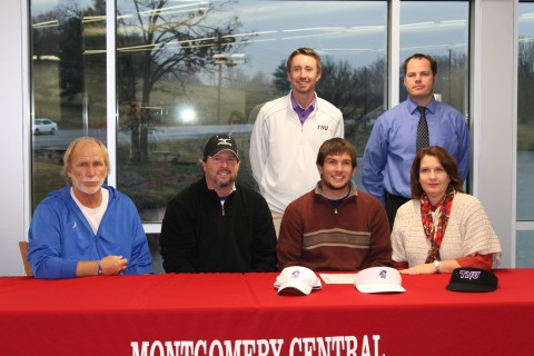 Montgomery Central High School senior golfer Hunter Rye (third from left) signed to play golf in college next year at Trevecca Nazarene University in Nashville. With Rye are (from the left) MCHS golf coach Jimmy Young, Trevecca golf coach Robbie Wilson, Richard Rye, MCHS AD Will Ferrell and Marla Rye. Montgomery Central High School senior golfer Hunter Rye (third from left) signed to play golf in college next year at Trevecca Nazarene University in Nashville. With Rye are (from the left) MCHS golf coach Jimmy Young, Trevecca golf coach Robbie Wilson, Richard Rye, MCHS AD Will Ferrell and Marla Rye.