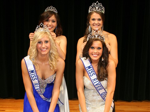 The 2012 Miss River Queen Tara Zolfagharbik (front right) and 2012 Miss River Teen Caitlin Campbell (front left) being crowned by 2011 Miss River Queen Giselle Fontenot (back right) and Miss River Teen Sarah Gross (back left).