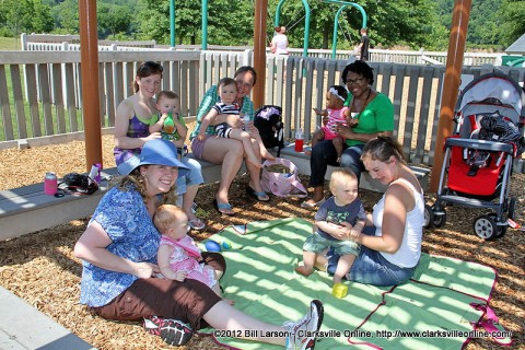 Mothers with the Library Playgroup were meeting with their toddlers at the Clarksville Rotary Club’s Where Imagination Flows Playground.