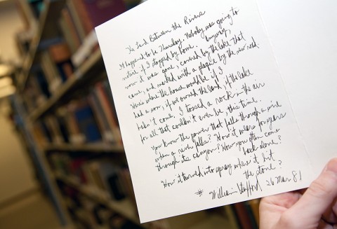 An original, handwritten poem, “The Land Between the Rivers,” by the late poet William Stafford was recently discovered in the APSU Woodward Library. (Photo by Beth Liggett/APSU staff) An original, handwritten poem, “The Land Between the Rivers,” by the late poet William Stafford was recently discovered in the APSU Woodward Library. (Photo by Beth Liggett/APSU staff)
