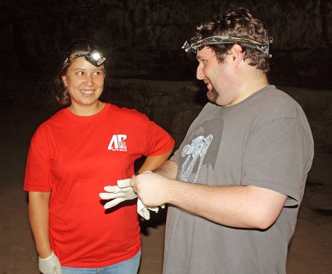 APSU graduate student Veronica Mullen and former APSU graduate student Josh Schulte prepare for a night of monitoring bats at Dunbar Cave.