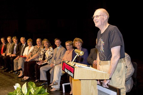 Dr. Bert Randall, professor of philosophy at APSU, was recognized Wednesday, August 22nd for his 40 years of service in teaching during the annual faculty meeting held in the Music/Mass Communication Building Concert Hall. (Photo by Rollow Welch, APSU)