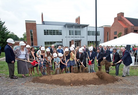 James Maynard (fifth from right), along with members of his family and APSU officials, break ground on the new Maynard Mathematics and Computer Science Building on Friday, August 17th. The new classroom facility is slated to open in Spring 2014. (Photo by Beth Liggett, APSU photographer)