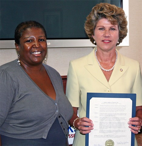 Deasree Williams (left), a counselor in the Clarksville office of the Adoption & Pregnancy Counseling program of Catholic Charities of Tennessee, met with Clarksville Mayor Kim McMillan on July 31st to accept a proclamation honoring the agency for its contributions to the people of Clarksville and Montgomery County on the occasion of the agency’s 50th anniversary.