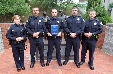 (L–R) Lacey Kitarogers, Anthony Murphy, Dustin Reynolds (Outstanding Officer) Gary Mefford, and Thomas Biele. (Photo Jim Knoll-CPD) (L–R) Lacey Kitarogers, Anthony Murphy, Dustin Reynolds (Outstanding Officer) Gary Mefford, and Thomas Biele. (Photo Jim Knoll-CPD)