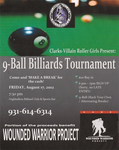 Clarksvillain Roller Girls will be hosting a 9-ball Billiards Tournament at Highballers Billiards Club & Sports Bar