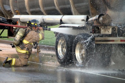 Clarksville Fire Rescue put out a tanker fire early this morning on Wilma Rudolph Boulevard. (Photo by CPD – Jim Knoll) Clarksville Fire Rescue put out a tanker fire early this morning on Wilma Rudolph Boulevard. (Photo by CPD – Jim Knoll)