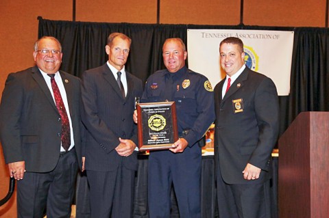 (L to R) Ret Chief Joe Garner-Past TACP President, Chief Al Ansley, Officer James Eure, and Chief Brad Lindsey, DYER PD, Award Committee Chairman. (Photo by Major Clyde Atkison, Murfreesboro PD) (L to R) Ret Chief Joe Garner-Past TACP President, Chief Al Ansley, Officer James Eure, and Chief Brad Lindsey, DYER PD, Award Committee Chairman. (Photo by Major Clyde Atkison, Murfreesboro PD)