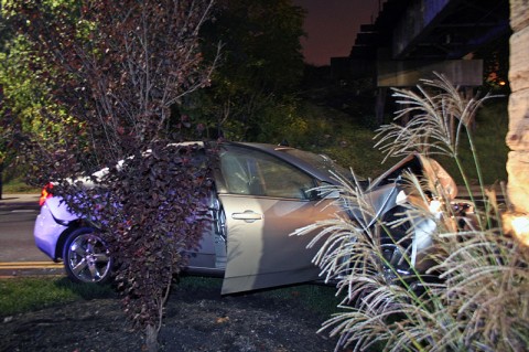 Pontiac G-6 runs into rail road bridge abutment near Crossland Avenue. (Photo by Officer Bill Van Beber-CPD) Pontiac G-6 runs into rail road bridge abutment near Crossland Avenue. (Photo by Officer Bill Van Beber-CPD)