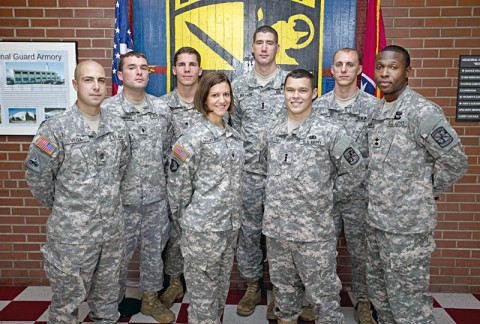 Cadets Juan Vega (from left), Theodore Sierminski, Sean Hunt (who received the Legion of Valor Award last month), Eryn Chauncey, David Bullard, Charlie Batchelor, Nathan Brewer and Jermaine Adams were noted as Distinguished Military Graduates on the order of merit list (OML) by the 2013 Army Cadet Command Accessions Board. (Photo by Beth Liggett, APSU photographer)